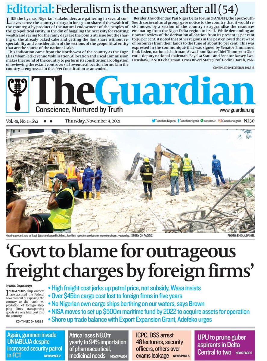 GuardianNigeria's tweet photo. Today in The Guardian – ‘Government to blame for outrageous freight charges by foreign firms’. Get a copy. ⁣
⁣
#FreightCharges #ShippingLines #FrontPage #Headline #Business #Politics #Sports #Entertainment #GuardianBusiness #News #Nigeria #NigerianNews #Africa #TheGuardianNg https://t.co/oIGMIJp7Gp