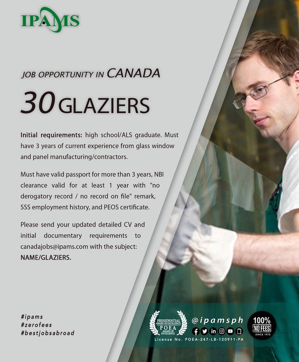 ipamsph's tweet photo. We need #glaziers! Submit your updated detailed CV and initial requirements to canadajobs@ipams.com with the subject: NAME/GLAZIERS (i.e. Juan Dela Cruz/GLAZIERS) #IPAMS #nofeestobecollected #canadajobs https://t.co/5JxLHI3ozs