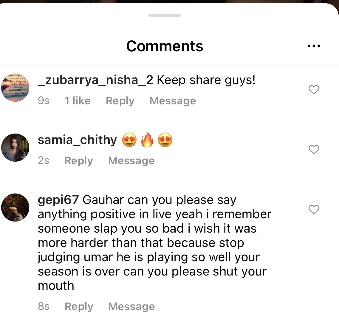 GAUAHAR_KHAN's tweet photo. This id is apparently of a girl , #gepi67 on insta , she’s wishing I was hit harder by an attacker just becoz she claims she is Umar Riaz fan ?????? Wow ! @imrealasim I supported u ur season bcoz u we’re doing well , Umar is doing well too , but just like others on the show https://t.co/LG7PXspOZ6