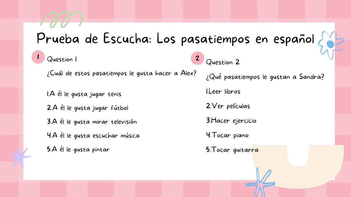 roserosetutor's tweet photo. มาแล้วตัวอย่างสไลด์การสอนภาษาสเปน วันนี้เป็นเรื่อง Los pasatiempos en Español ก็คือเรื่องงานอดิเรกของเรานั่นเอง นอกจากสอนแกรมม่าโครงสร้างประโยคแล้วยังแจกศัพท์และแบบฝึกหัดทั้งเขียนทั้งฟังจุกๆ #ภาษาสเปน #สอนภาษาสเปน #ติวเตอร์ https://t.co/xXRKXxXuHC