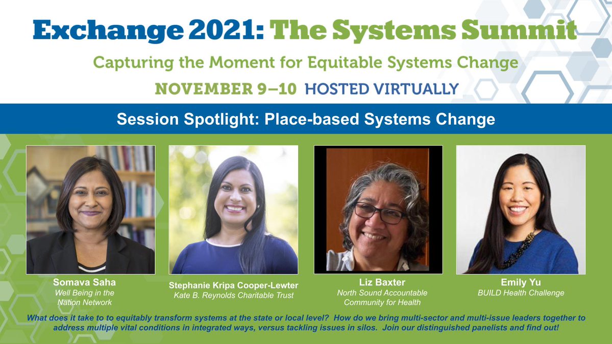 SIExchange's tweet photo. Don't miss @somavasaha, @Stephanie_Kripa, Liz Baxter @GPS_Health, and Emily Yu @DCxchange discussing what it takes to equitably transform systems in integrated ways. Exchange2021: The Systems Summit, Nov. 9-10. (Next Week!) 
 Learn more and register here:  https://t.co/LimmNuHA0p https://t.co/9eUxzI6Nm9