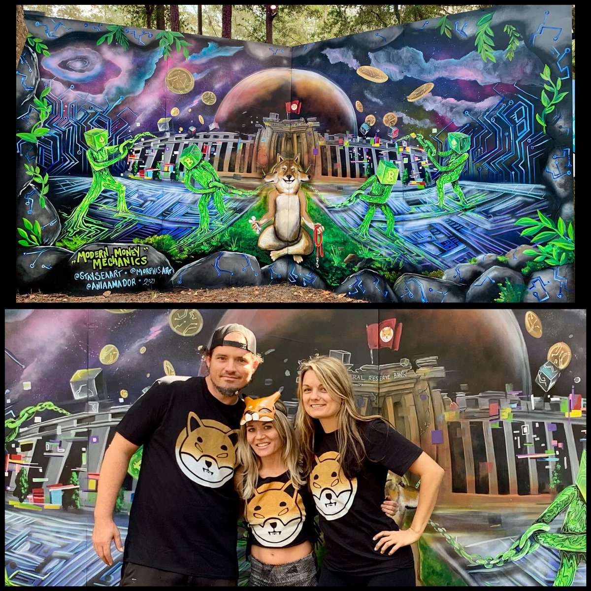 Mural collaboration with <a href="/stayseaart/">stayseaart 🦊🪖</a> and <a href="/MorphisArt/">Morphis Art</a> called #modernmoneymechanics. Painted live at <a href="/HulaweenFL/">Suwannee Hulaween</a>. Shoutout to everyone that meditated in front of <a href="/Shibtoken/">Shib</a> and chatted about #Decentralization and #blockchaintech! <a href="/NFTmurals/">NFT Mural Collective</a> <a href="/AnamorphosisArt/">Anamorphosis Art</a> #SHIBARMY #ShibaCoin
