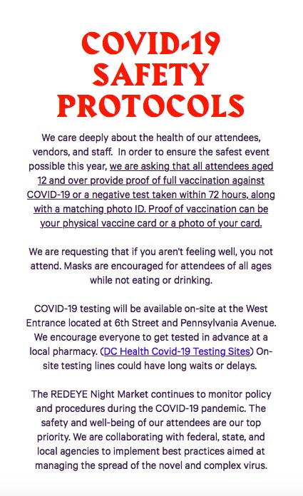 Everyone's safety is our top priority at #theredeyenightmarket. Please read through our COVID-19 Safety Protocols and come ready to have an awesome night!

#dc #WashingtonDC #dceats #dcfood #dcrestaurants