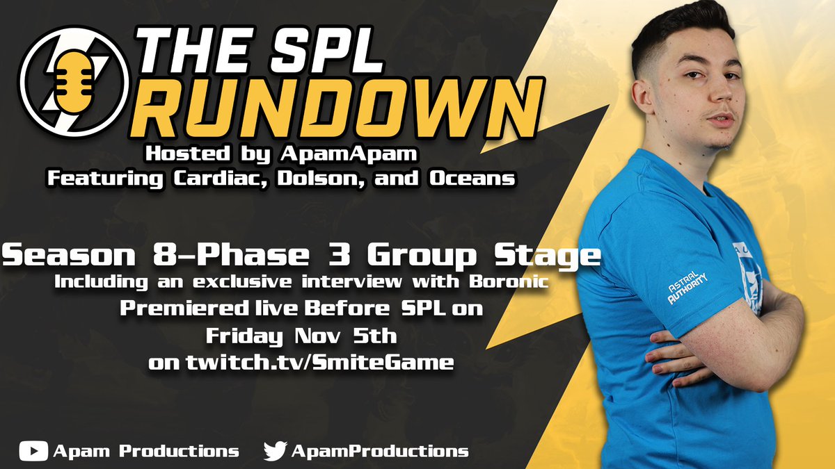 ApamProductions's tweet image. This week the SPL Rundown returns to talk about Phase 3 Group Stages with @Cardiac_ @DolsonLive and the coach of the @SPLTitans @oceanss 
@oBoronic of the @SPLScarabs  stops by for a chat as well
Tune in Friday Morning before the SPL twitch.tv/smitegame #SPL