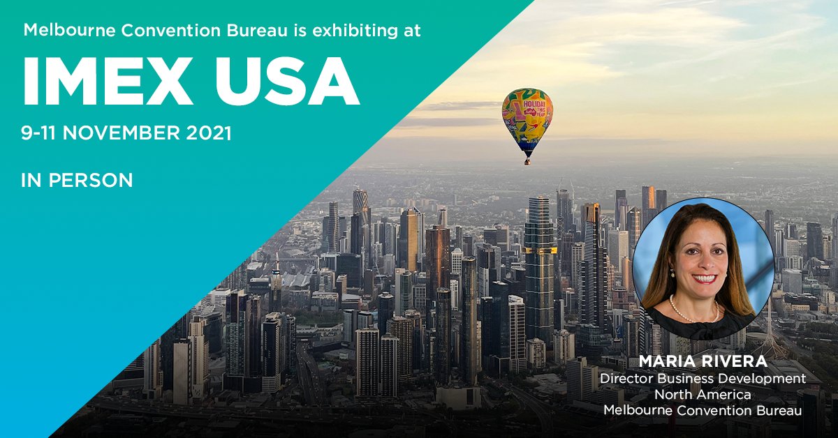 MelbConventions's tweet photo. The countdown is on for #IMEX21! Visit the Melbourne Convention Bureau stand (E2403) and say hello to our Director of Business Development for North America Maria Rivera who’ll showcase what #Melbourne has to offer your next #bizevent.

👉  https://t.co/agsjGthBin https://t.co/6dejlslzaS