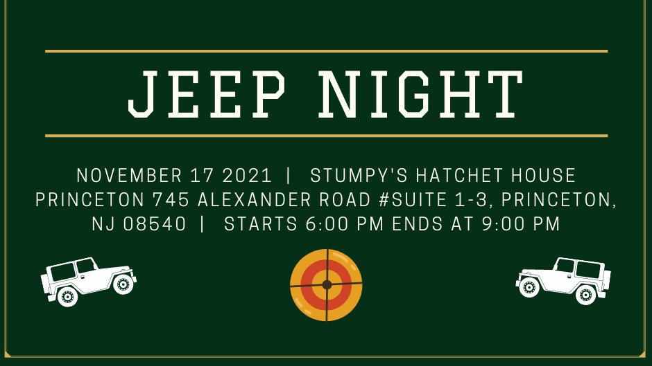 ta_ma_ra_nj's tweet photo. Come out for Jeep Night at Stumpy's Princeton!
Doorprizes &amp; Giveaways! #jeepnight #stumpys #jeeps #allbreedjeeps #princeton #jeepevent #njjeeps tix: https://t.co/Id78VAZdcO https://t.co/b2Xs9LKRlK