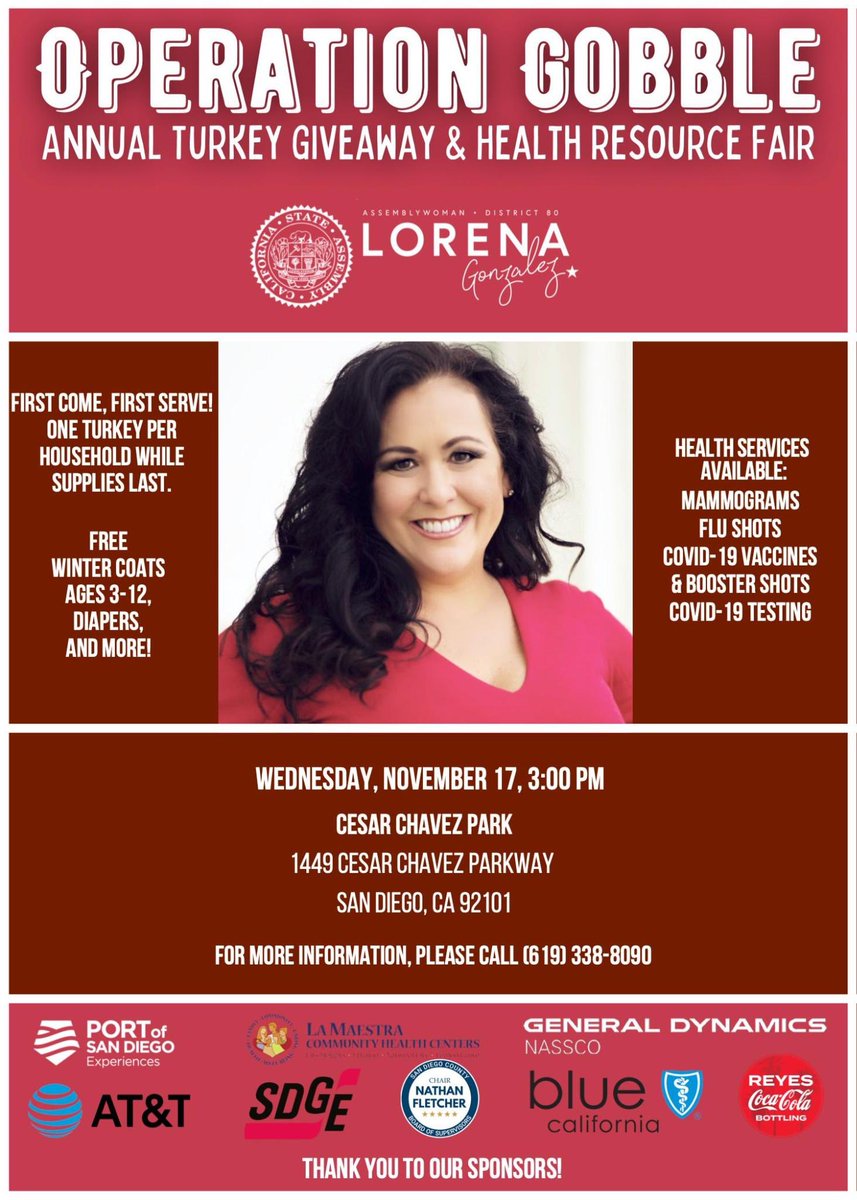 LorenaSGonzalez's tweet photo. We’re not just giving away turkeys &amp; food this year for Operation Gobble. But also, new winter coats for kids, diapers, feminine hygiene products. And, vaccines, flu shots, mammograms and other health screening opportunities! Please share widely to south county families! https://t.co/4OdS4lg7vO