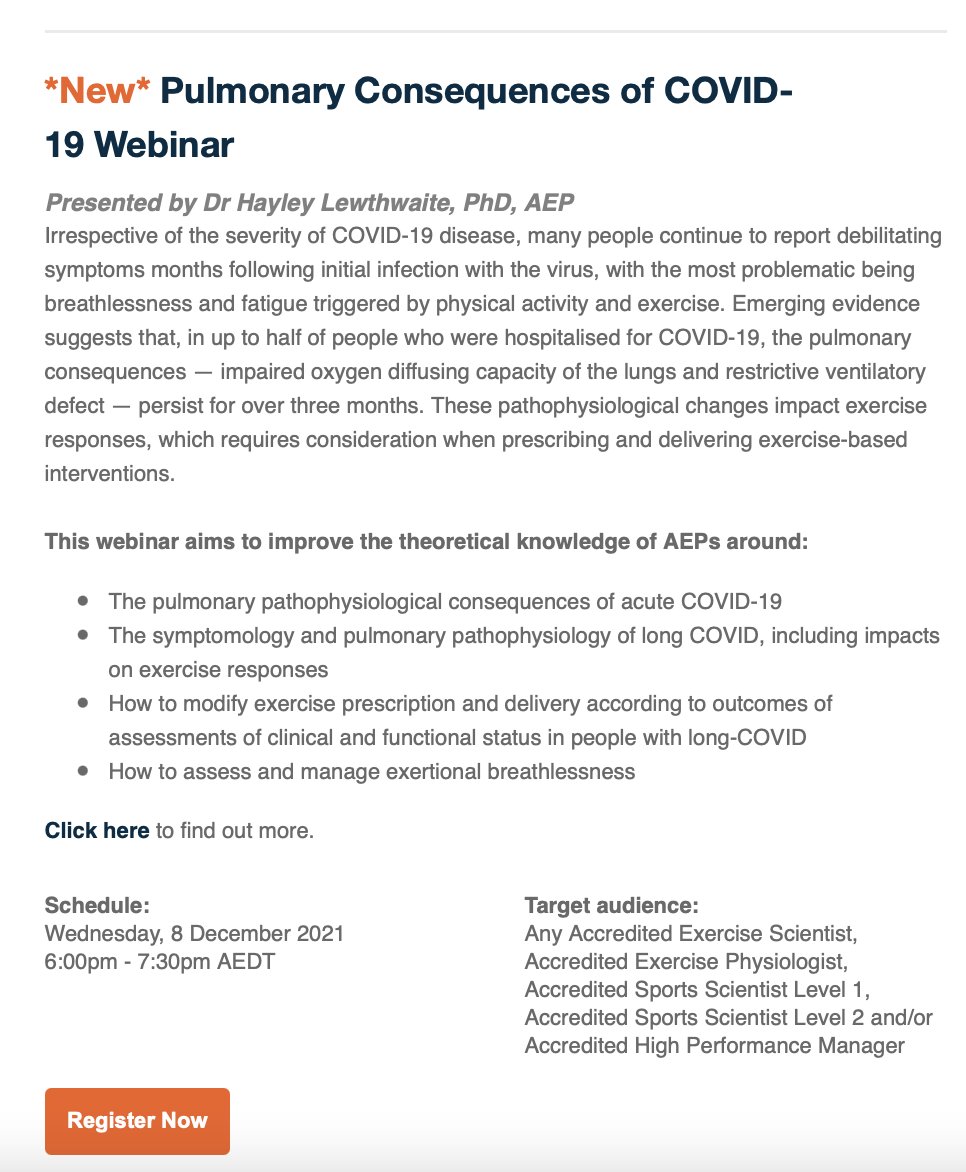 HLewthwaite's tweet photo. Register now: @ESSA_NEWS webinar on pulmonary consequences of #COVID19 &amp; #LongCovid - what happens to the lungs, how does this impact exercise responses &amp; considerations for #exerciseprescription. 1.5 CPD points $30 members $15 student: https://t.co/LQSidFCJIJ
@UONMasterExPhys https://t.co/XC2Npzp3fk