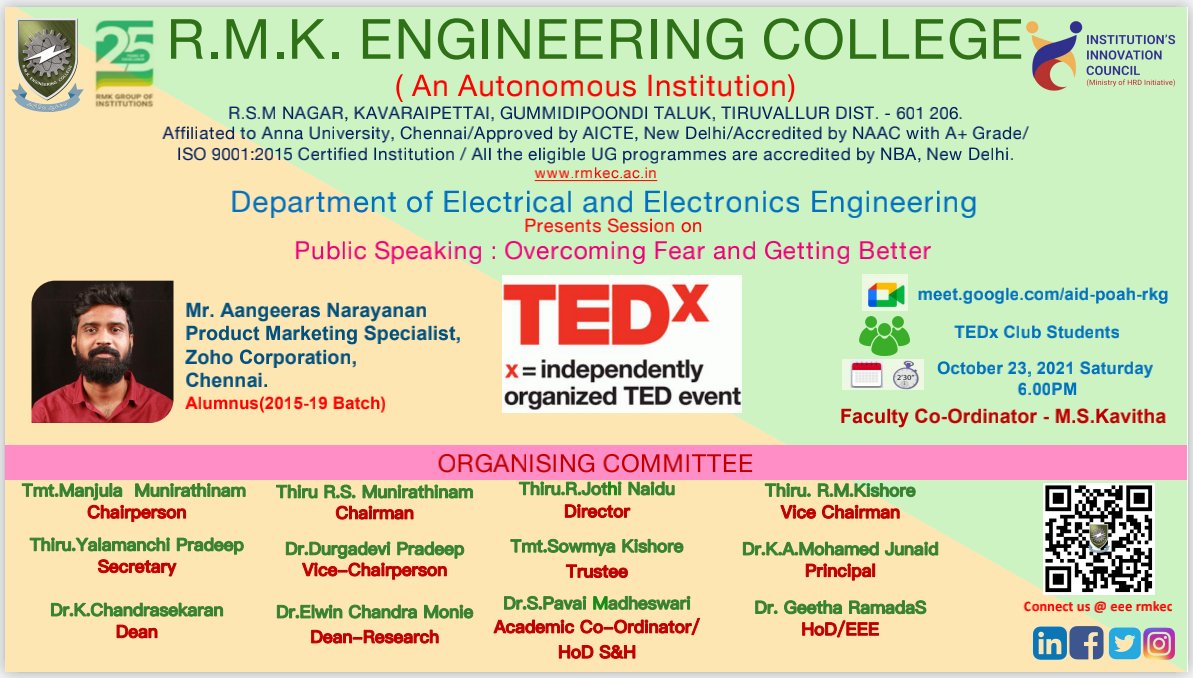 eeermkec's tweet photo. RMKEC_EEE
language Club Presents Session on
Public Speaking: Overcome Fear and Getting Better
Guest: Mr. Aangeeras Narayanan & Ms.Arna Chugani #language #publicspeaking #club #rmkec #TEDx @DrMohamedJunaid @rmk_college @institution_rmk https://t.co/wsrewtbJtL