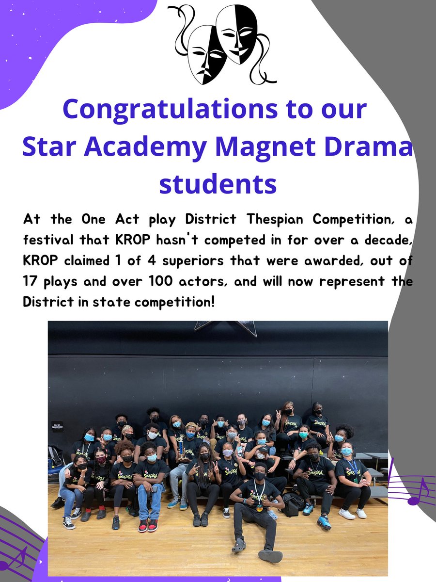 KropSHS's tweet photo. A big congratulations to Mr. Booth and our Drama Magnet Thespians! We are proud of you! 😊💜⚡️🏆🎭 @MiamiSup @MDCPS @MDCPSNorth https://t.co/ECMqrgjLWe
