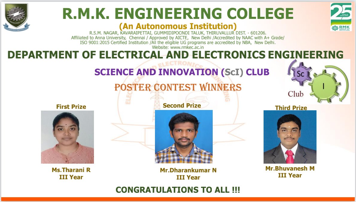 eeermkec's tweet photo. RMKEC_EEE
Congratulates the Poster Content Winners of " Science & Innovation (ScI) Club"
Ms. Tharani
Mr. Dharan Kumar
Mr. Bhuvanesh
from 2019-2023 batch
#innovation #science #content #rmkec #engineers @DrMohamedJunaid @institution_rmk @eeermkec https://t.co/ONiXmXcsmg