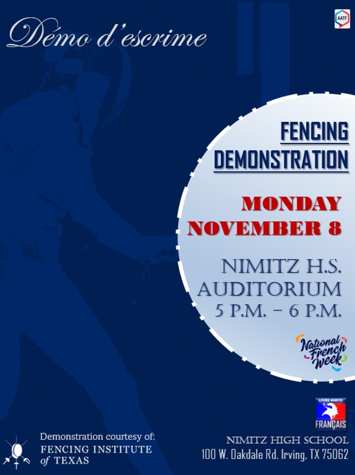 NimitzFrench's tweet photo. #NationalFrenchWeek -- Démonstration d'escrime lundi 8 novembre (Fencing Demonstration by @fenceintexas on Monday, Nov. 8th in the Nimitz Auditorium) @NimitzVikings | @NimitzStuCo | @IrvingISD | @AATF_NorthTexas | @AATFrench https://t.co/LLhYUDt8KV