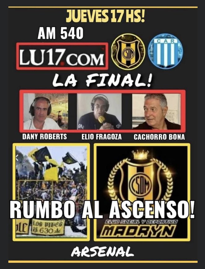 Este jueves desde las 17 hs. Se define el primer ascenso del Federal A. Juegan; #DeportivoMadryn vs #RacingCba y lo podrás vivir por LU17.com Gracias por estar ⚽️📻🎤<a href="/lu17com/">LU17.com</a> <a href="/elio_fragoza/">Elio carlos Fragoza</a> <a href="/ClubMadryn/">Club Social y Deportivo Madryn</a> <a href="/DiarioChubut/">Diario Chubut</a> <a href="/TribunaDeporOK/">Tribuna Deportiva</a> <a href="/ClubARacing/">Club Atlético Racing</a> @RadioPI_