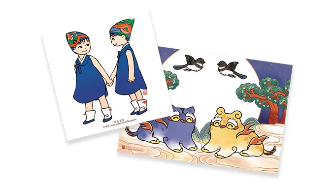 텀블벅 후원자분들께 단청요정과 희희해태 엽서, 그리고 텀블벅 한정으로 털찐 어흥호작도 먹박 새해카드를 보내드립니다. 