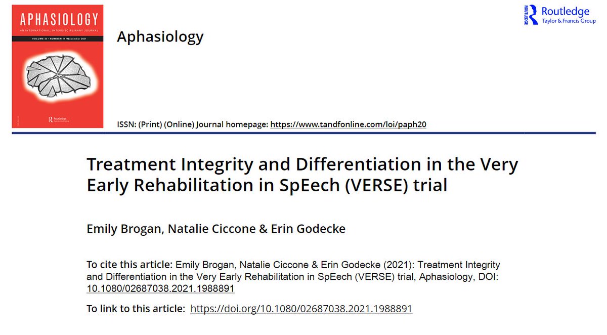 I reviewed5⃣3⃣ videos from the Very Early Rehabilitation in Speech (VERSE) Trial and found ✔️therapists stuck to the protocol (treatment integrity), 🔬therapy looked similar in all arms (⬇️treatment differentiation). Open access here tandfonline.com/doi/full/10.10…