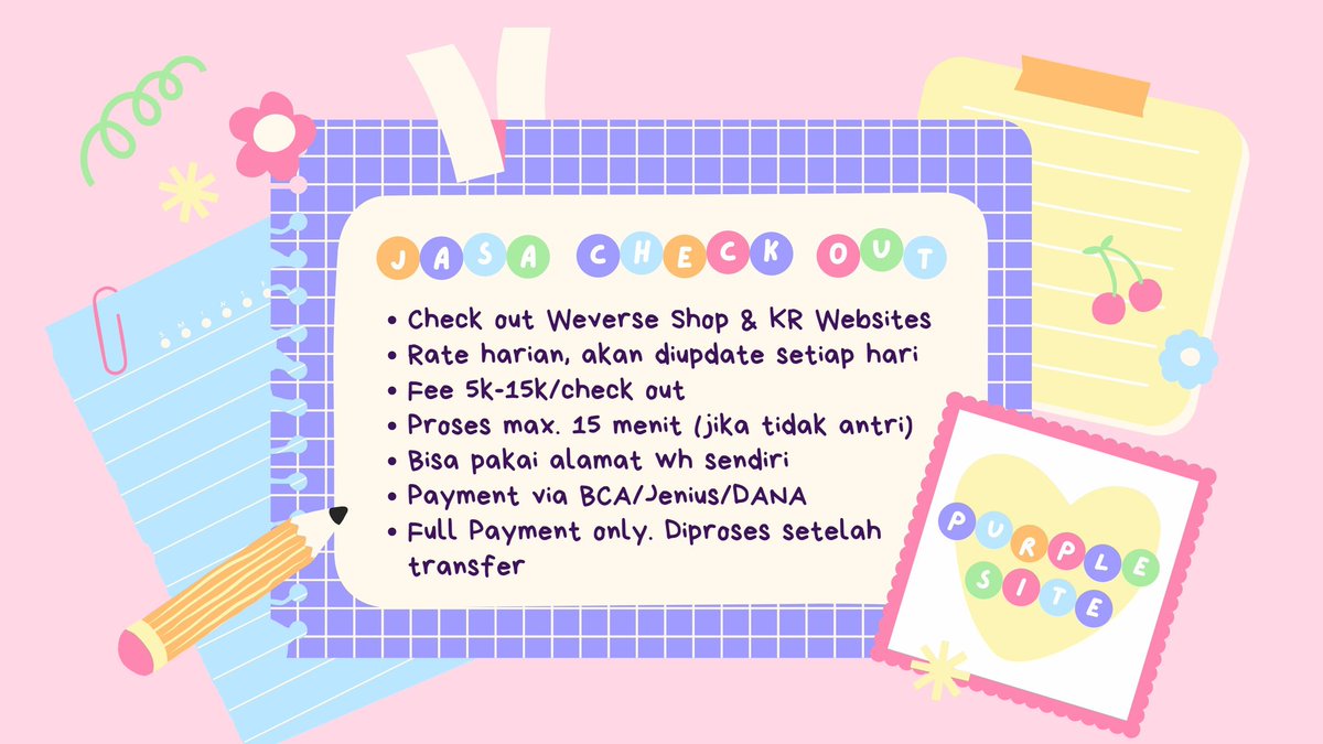 purplesite_'s tweet photo. ♡ OPEN JASA CO WEVERSE & WEB KR ♡
— 04/11
💌 Weverse : 12.35 fee 5k/co
💌 Web KR : 12.25 fee 15k/co
✨ DM or WA
✨ #Testimoni_PS
- tag jasa co web kr ktown4u yes24 m2u soundwave power station monopoly smartstore line friends smglobal aladin tarket https://t.co/CR9yvTg8Jn