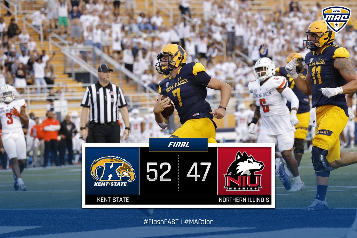 MACSports's tweet photo. ⚡️⚡️⚡️

@KentStFootball hands NIU its first conference loss of the season in a wild one at Dix Stadium.

#FlashFAST | #MACtion https://t.co/mniomKSYHh