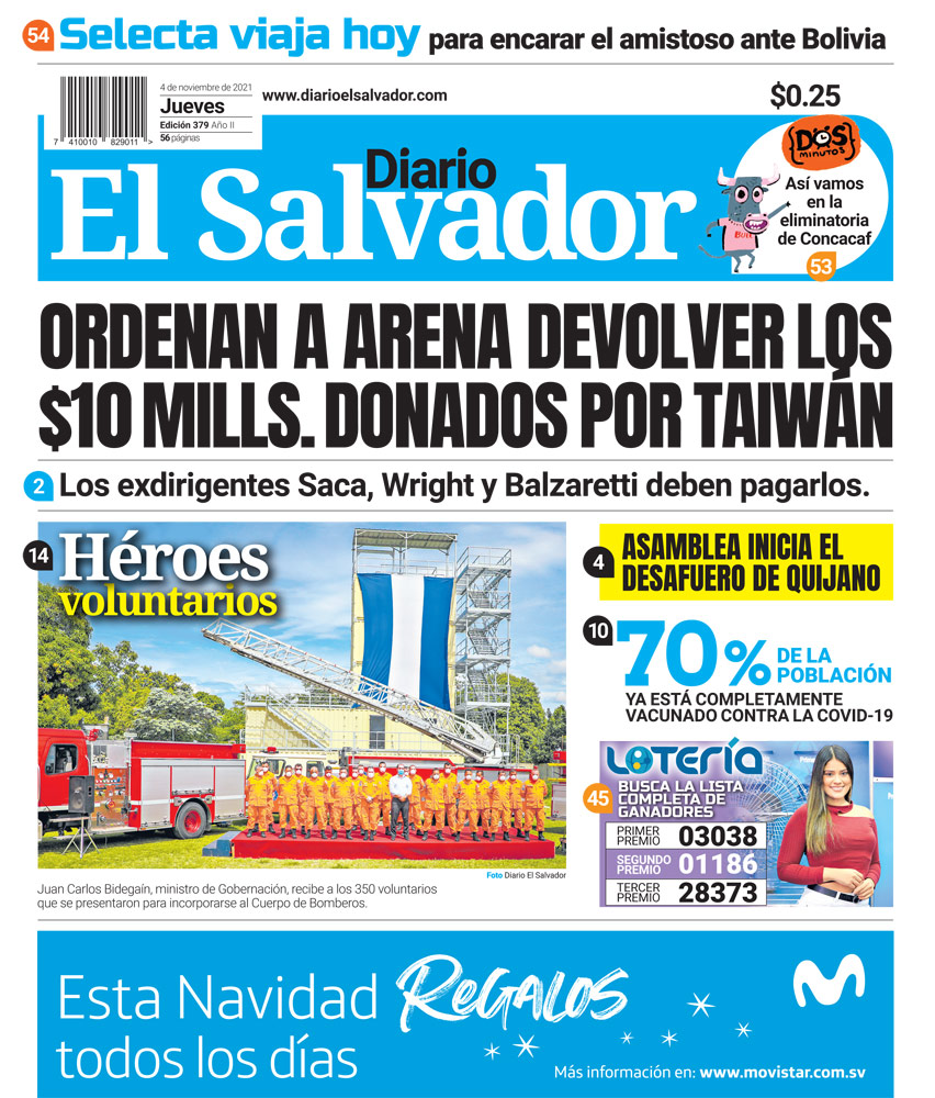 elsalvador's tweet photo. Esta es la portada de #DiarioElSalvador de este jueves 4 de noviembre del 2021. #DiarioES https://t.co/1Jti6o8XoY