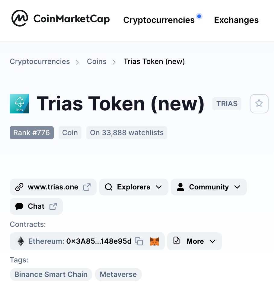 😎 $TRIAS has been tagged #metaverse by <a href="/CoinMarketCap/">CoinMarketCap</a>