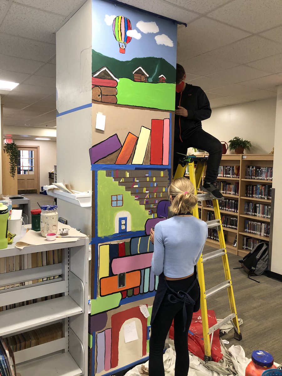 AmyMoreland7's tweet photo. Ending first quarter with amazing progress on @LincolnK8School library mural. Detail painting is starting to happen. This is always my favorite part because the students are excited to see it all come together. @lincolnk8sonju #muralpainting #librarymural #lincolnk8murals https://t.co/Q22PiEHO3x