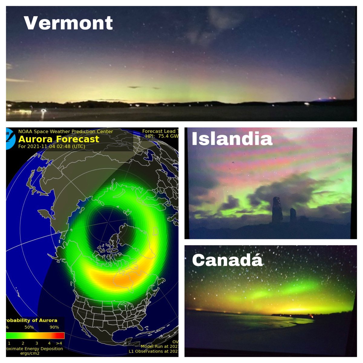 AURORAS: Una tormenta geomagnética está provocando esta noche brillantes auroras hasta latitudes medias. Se han observado en Canadá y en los estados de Maine, Minnesota y Vermont. Estas tormentas (G3) también pueden provocar problemas en comunicaciones de satélite, radio y GPS.