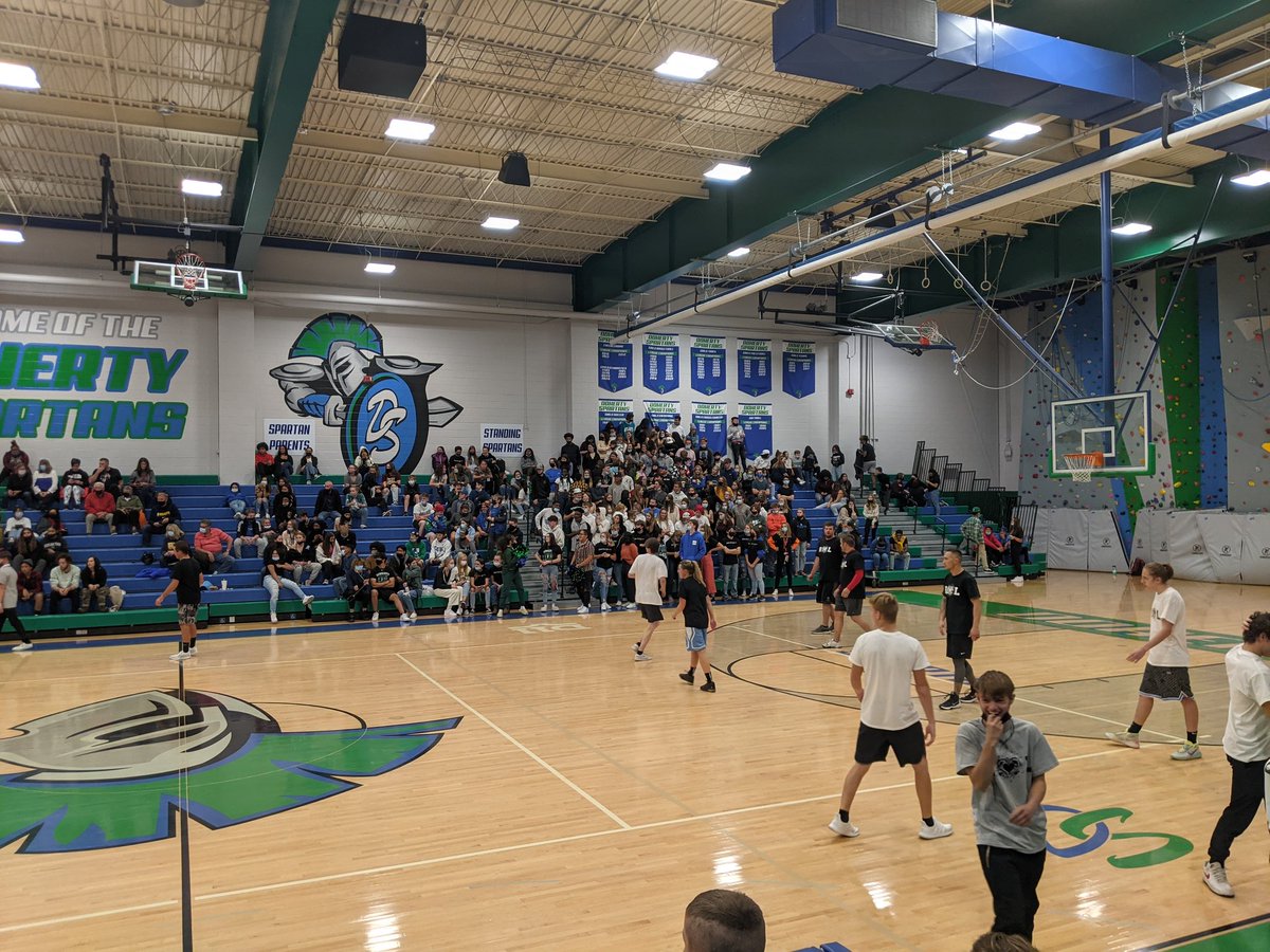 DHSBusinessEd's tweet photo. @DohertySpartans Staff triumphant against students in Staff/Student Basketball game. Awesome crowd! Terrific game!!!! H🧡L. Thank you to our amazing staff and students for your generosity!!! H🧡L @flenn @CSSD11 @ActualCoachO @DHSAthletics @CareandShareFB https://t.co/2BzLHr0US5