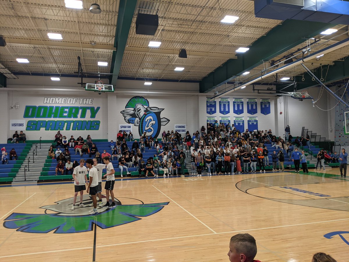 DHSBusinessEd's tweet photo. @DohertySpartans Staff triumphant against students in Staff/Student Basketball game. Awesome crowd! Terrific game!!!! H🧡L. Thank you to our amazing staff and students for your generosity!!! H🧡L @flenn @CSSD11 @ActualCoachO @DHSAthletics @CareandShareFB https://t.co/2BzLHr0US5