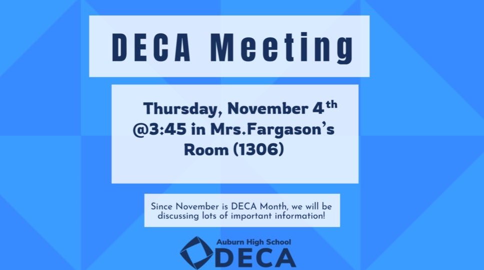 auburn_DECA's tweet photo. We can’t wait to see everyone at our November DECA Meeting! #aldeca https://t.co/xRH3FQGTtM