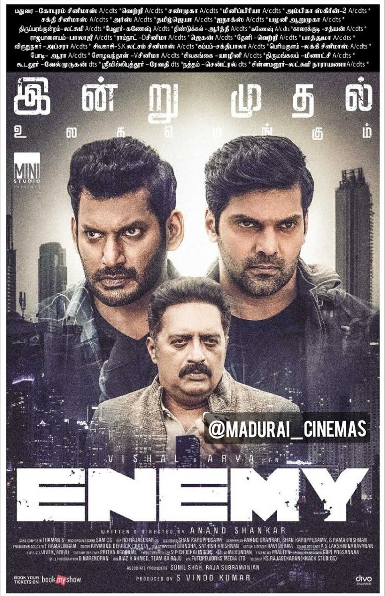 MADURAI_CINEMAS's tweet photo. #EnemyDeepavali In Theatres From Today. Book Ur Tickets..!

#Madurai Area Theatres List. 

#EnemyFromToday #Enemy #Arya #Vishal @vinod_offl @ministudiosllp https://t.co/pskNqSvtn3