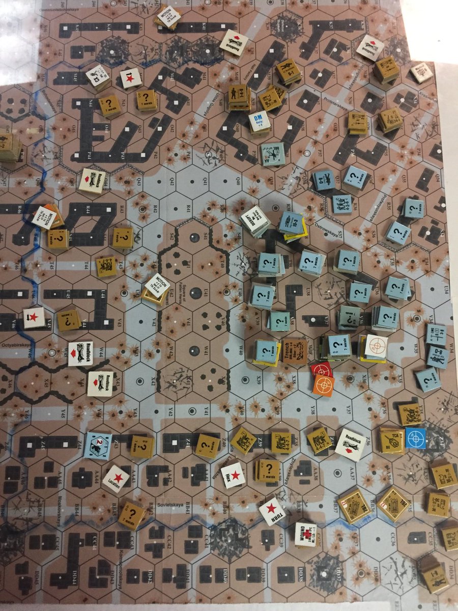 the2halfsquads's tweet photo. VoTG17 On the Verge of Extinction. End of T3 Dave T’s German’s lose P38 88L &amp; a lot of ground there but Russians have to take S38 bldg where Von Paulus 10-3 is. #mmp #VotG #wargames #advancedsquadleader #ww2 https://t.co/Ig1jjvCT9m