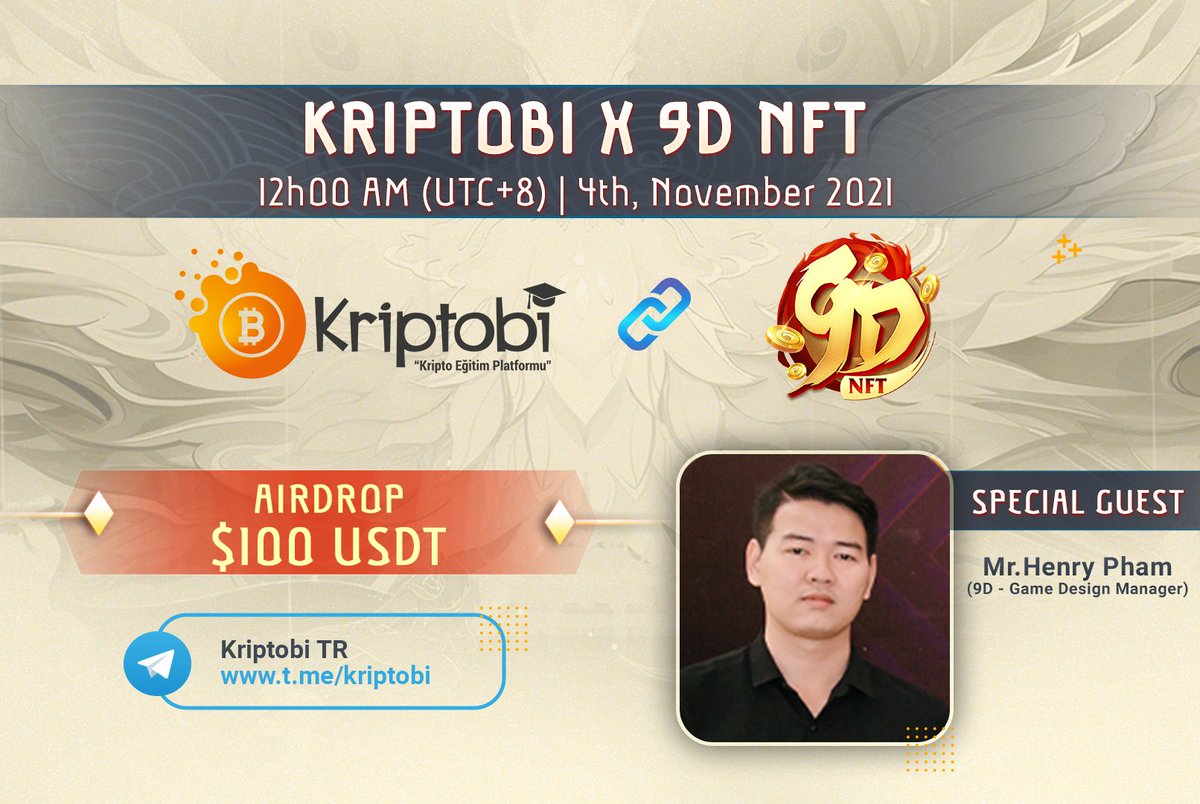 #AMA - #9DNFT x <a href="/kriptobi/">Kriptobi</a>
⏰ Time &amp; Date: 4PM UTC, November 4th.
👥 Henry Pham - Game Design Manager at GIHOT Studio
📌 Venue - Kriptobi TR Telegram: t.me/kriptobi
🎁 Airdrop: 100 USDT for 5 winners in the last part of the AMA (Live Questions).
#COGI #COGIVERSE #MMORPG