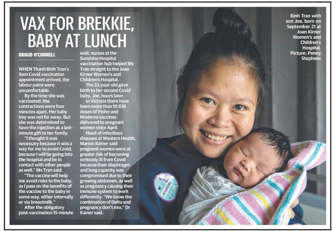 Not even the early stages of labour would stop Joan Kirner Women’s and Children’s patient Ms Tran from getting vaccinated against COVID. Welcome to the world, baby Joe. #jabdone
<a href="/BrigidOConnell/">Brigid O'Connell</a>