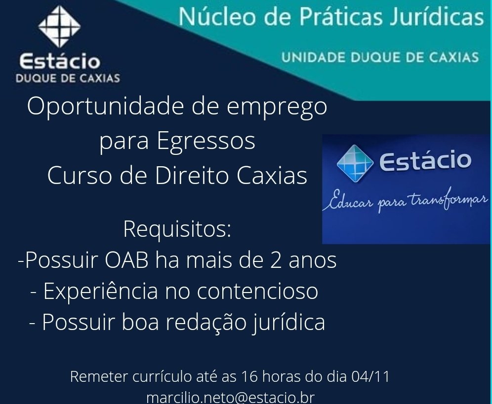 DrMarcilioNeto's tweet photo. Oportunidade para ex-aluno Estacio Duque de Caxias - Advogado 40 horas - 
Requisitos:
-Possuir OAB há mais de 2 anos
- Ser egresso do Curso de Direito Caxias
- Ter experiência no contencioso Civel
- Possuir boa redação. 

Email até dia 04/11 as 16hs marcilio.neto@estacio.br https://t.co/uE8Ldxpv7L
