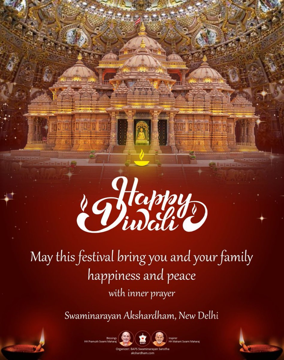 DelhiAkshardham's tweet photo. Happy Diwali!
This #FestivalOfLights celebrates: 
Good over Evil
Light over Darkness
Knowledge over Ignorance
Love over Hate

The divine light of #Diwali exists in all living beings and one that connects us all.

#Shanti #Diwali2021
#Swaminarayan #Akshardham
#Delhi https://t.co/fU1DmSL54a