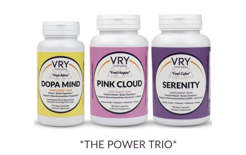 VRYeveryday's tweet photo. THE POWER TRIO i ✨DOPA MIND, PINK CLOUD and SERENITY. to help rebalance the key #mood #neurotransmitters that can be off balance because of biochemistry, lifestyle or diet. https://t.co/vnzzNEI5aR #mentalwellness #serotonim #Dopamine #aminoacids #health https://t.co/zibNeOmD7x