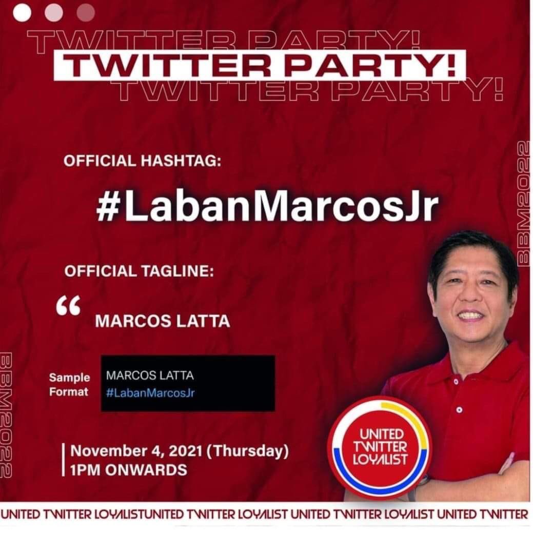DuterteMarcos_'s tweet photo. Join in our TWITTER PARTY! Our official ht for today #LabanMarcosJr and Our official tagline MARCOS LATTA ❤️✌️ Please share and spread this!! https://t.co/XSi5DGKX7z