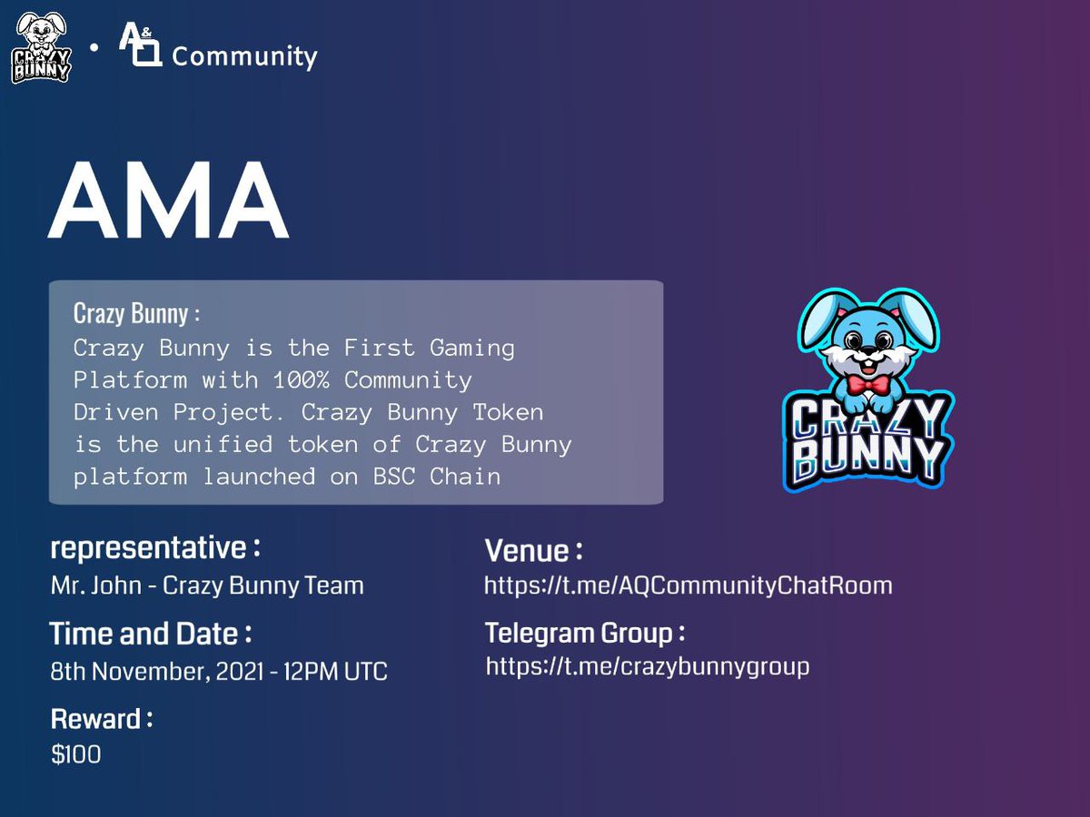 DexterCall_io's tweet photo. 🔔AMA SERIES With Crazy Bunny

🏢Venue : https://t.co/Gof3YLlU3A
📅Date : On November 8th
⏱️Time : 12 PM UTC

📜Rules:
1.Join the https://t.co/Gof3YLlU3A
2. Follow Twitter @crazybunny2021 and  @AQ_Community
3. Like , Retweet , &amp; Tag 3 friends
4. Post Questions in the comments https://t.co/cXoioRW5p2