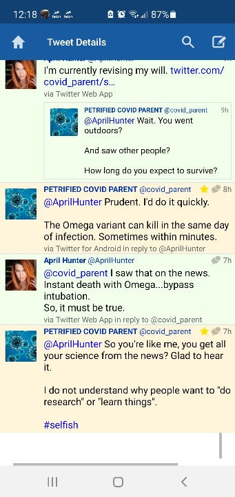 AprilHunter's tweet photo. So (hell) no, I haven't changed my stance on med mandates. But I did find someone sarcastic and fun to play with!
Check Petrified Covid Parent @covid_parent for a delightful tongue-in-cheek Twitter experience.
#witty
#humor
#mightaswelllaughaboutit
#probablygoingtohell
#ohwell https://t.co/dfBk7WcuCm