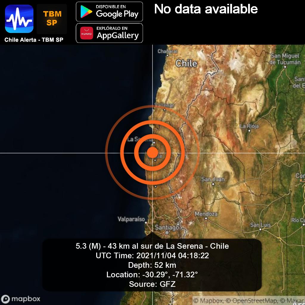 ChileAlertaApp's tweet photo. New #Earthquake. 🌎
5.3 (M) - 43 km al sur de La Serena - Chile.
2021/11/04 04:18:22 UTC.
App: https://t.co/RblVNxZYn8
#LaSerena #Chile #earthquake #sismo #temblor #terremoto https://t.co/N68wCcb2aR