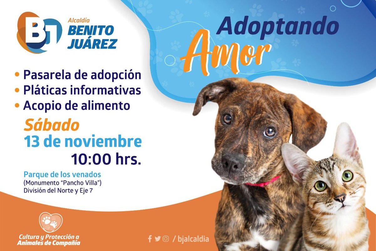 Cambia tu vida y la de un amigo de cuatro patas. #AdoptaNoCompres 
🗓 13 de noviembre 
⏰ 10:00 hrs. 
📍Parque de los Venados