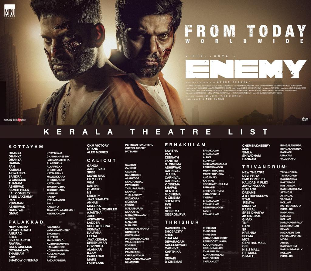 VishalKOfficial's tweet photo. Here's Kerala theatre list of #Enemy in cinemas from Today.

#EnemyDeepavali https://t.co/6PCMIwWaC3