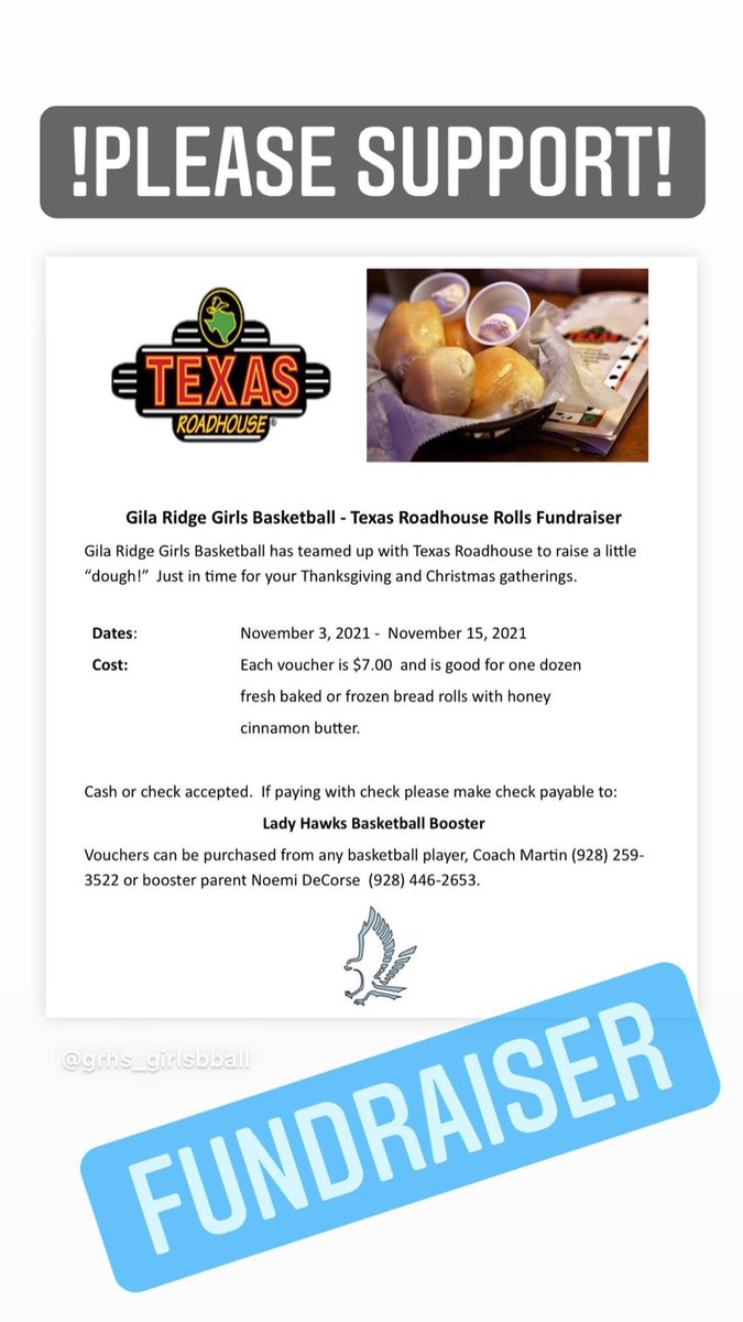 lmartin24_'s tweet photo. Gila Ridge Girls Basketball is selling vouchers for a dozen Texas Roadhouse Rolls for $7! Please help consider supporting us, fundraising goes a long way for our program!! If you’re interested in buying one, find a player or comment and we will get vouchers to you!🏀 https://t.co/l4ujHc0aKD