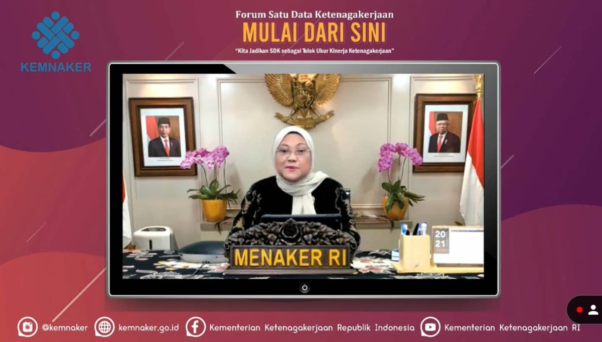 Selamat pagi, salam sehat untuk semua.

Pagi ini saya menjadi pembicara kunci dan membuka kegiatan Forum Satu Data Ketenagakerjaan.

Satu Data Ketenagakerjaan ini merupakan tindak lanjut dari Peraturan Presiden (Perpres) Nomor 39 Tahun 2019 Tentang Satu Data Indonesia.