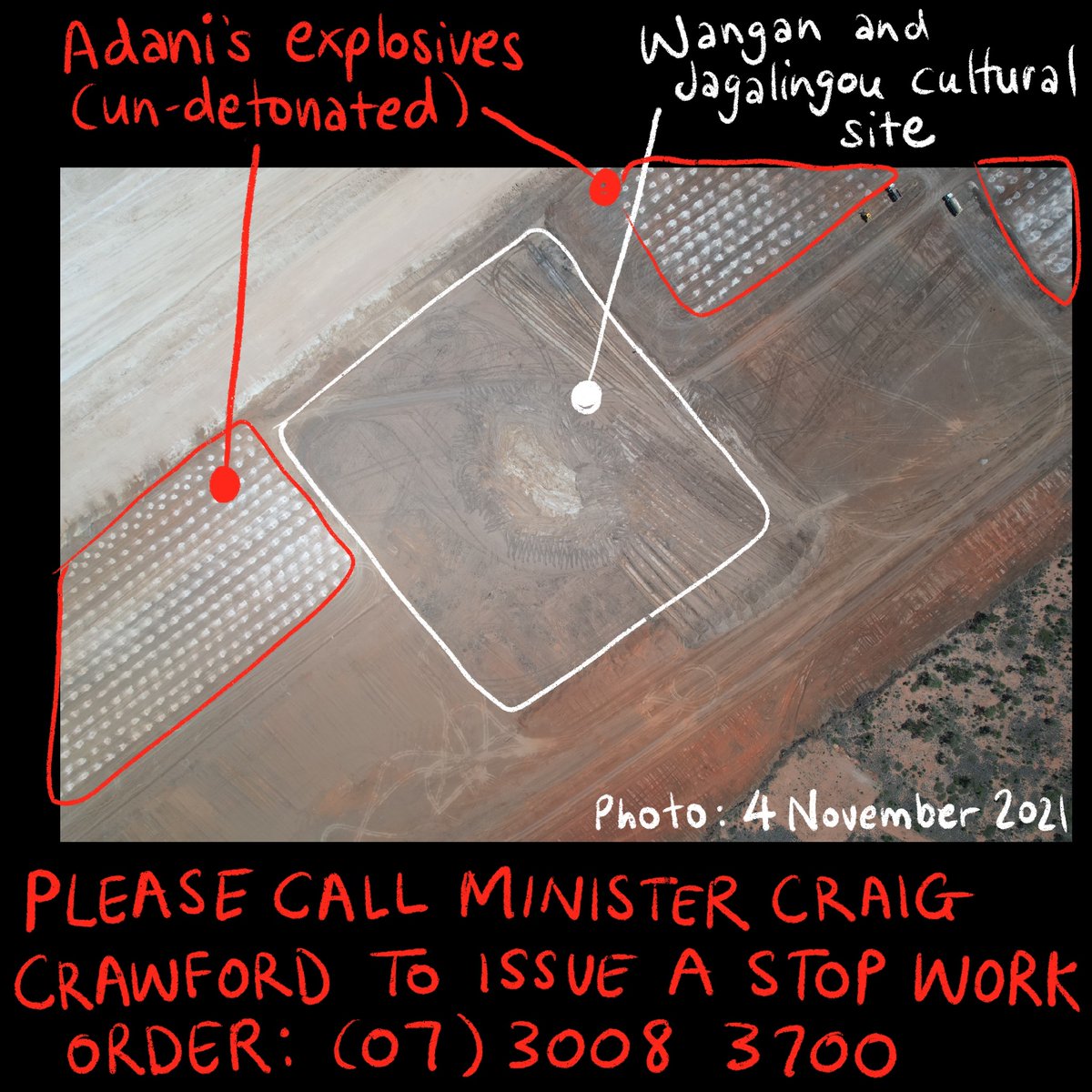 BenPennings's tweet photo. BREAKING: Adani are laying explosives at the cultural site containing the highest concentration of #FirstNations artefacts. DEMAND @CraigCrawfordMP STOP THE DESTRUCTION so a proper archeological dig can be done. #StopAdani 

📩 https://t.co/VAt7vTfZvk 
📞https://t.co/jvcPeSu9F9 https://t.co/GapEDlxZ0v