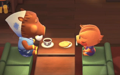 AjentVee's tweet photo. Guys if you call Joan at the Roost, she brings Daisy Mae with her!!

She's too young for coffee so Brewster gives her a cookie instead!! 😭 #AnimalCrossing #ACNH https://t.co/RrfPWx0iUW