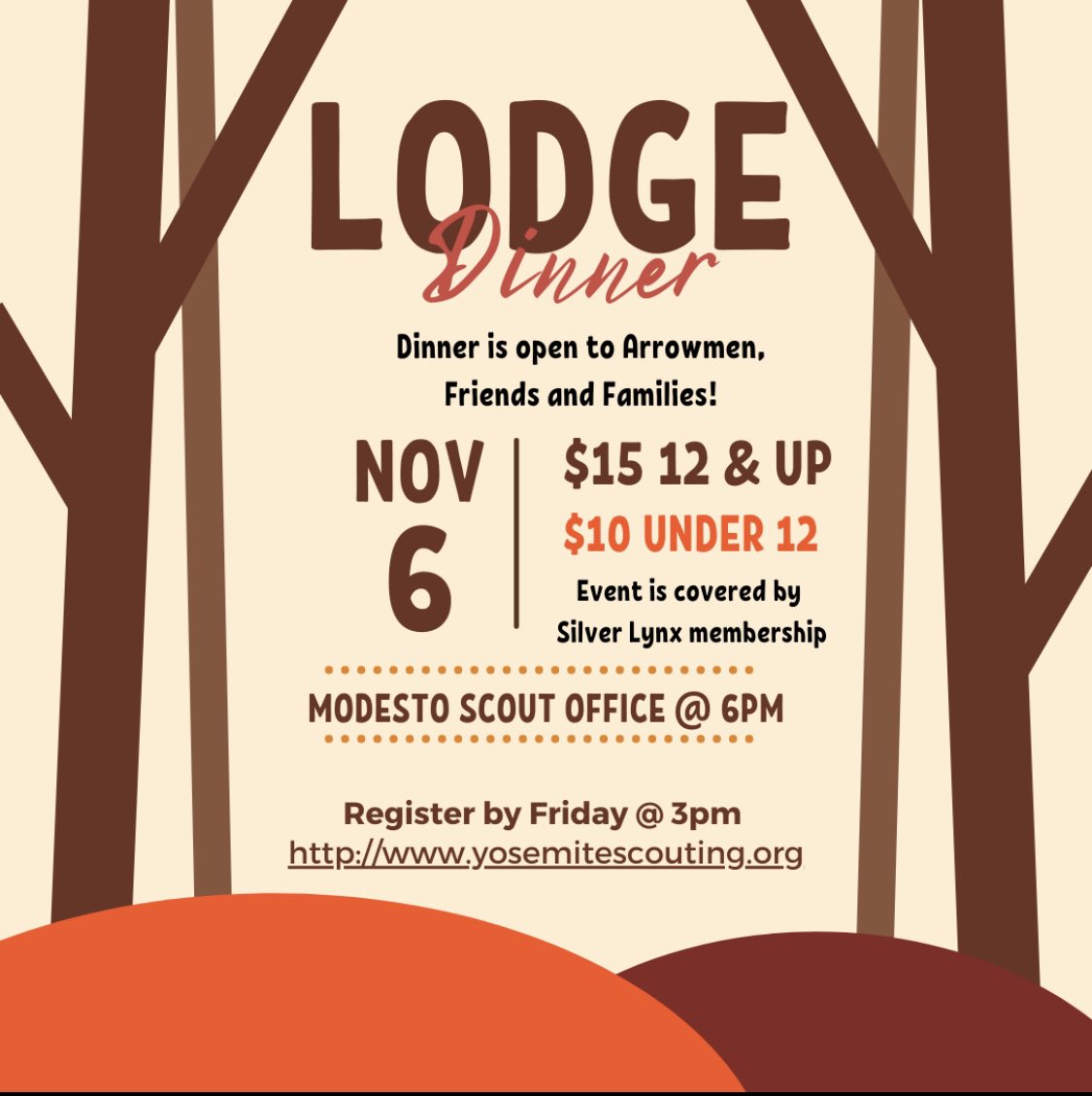 TolomaOA's tweet photo. Join us this Saturday! Saturday 11/6 will be our annual Lodge Dinner and awards at the Modesto Scout Office at 6pm. This dinner is open to Arrowmen, friends and families! Please register by 3pm this Friday!

Visit this link ⬇️

https://t.co/1qzF43PuXY https://t.co/Jo1tuf0aMQ