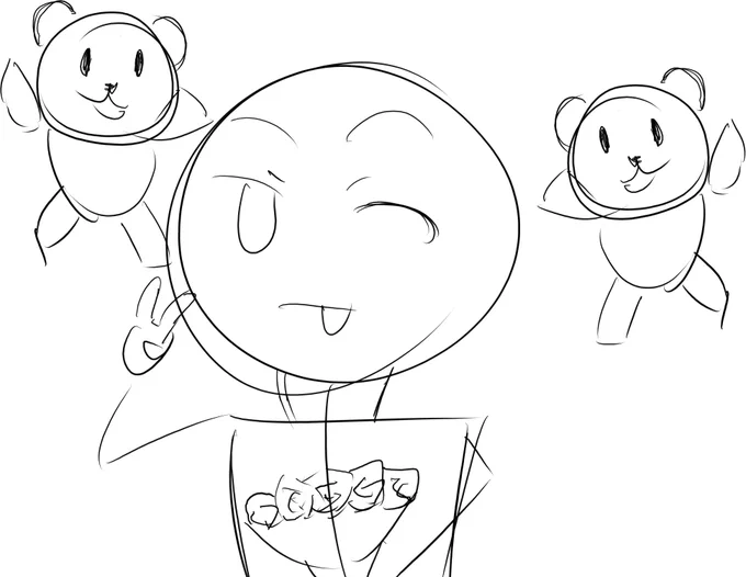 完成まで描くかどうかは別として、案として構図とか思いついたらいつも描くんだけどさっきの姫熊りぼんちゃんの絵文字のやつのイラスト案の下書きしたらなんか草 