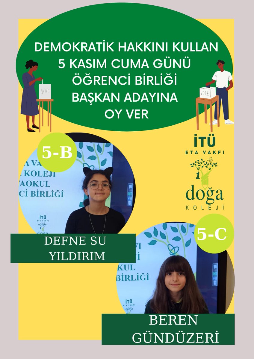 İTÜ Eta Vakfı Tuzla Doğa Ortaokulu Öğrenci Birliği Başkanını seçiyor..
Aday öğrencilerimize başarılar dileriz <a href="/veyselgezicii/">veysel gezici</a> <a href="/OzgeHoca/">Özge Kalay Ok</a> <a href="/Davutenol10/">Davut Şenol</a> <a href="/gulsenakssu/">Gülşen Arslan</a> <a href="/cerenkiriker/">Ceren KIRIKER</a> <a href="/ezgitura/">Nil Ezgi Yılan</a>