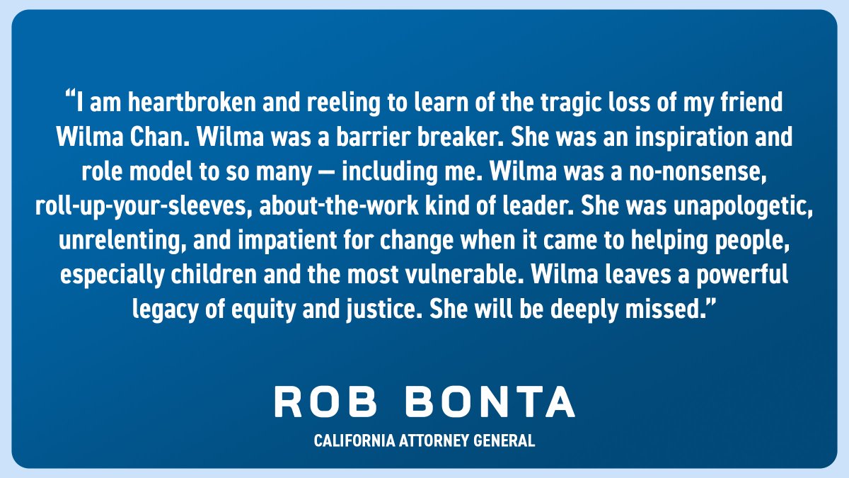 RobBonta's tweet photo. Heartbroken to learn of the tragic loss of my friend, Alameda County Supervisor Wilma Chan. https://t.co/uaNFkQO670