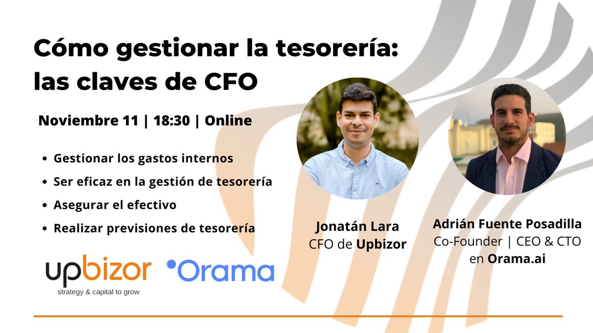 UpBizor's tweet photo. El próximo jueves 11 de noviembre nos volvemos a encontrar para el webinar:
Cómo gestionar la tesorería: las claves del CFO
Apúntate aquí:https://t.co/kL3rN3hEGn
#WebinarCFO #Webinarfinanzas #Gestionartesorería #CFO #Upbizor #Orama #Eventosnoviembre https://t.co/LUcQ3tSVWX
